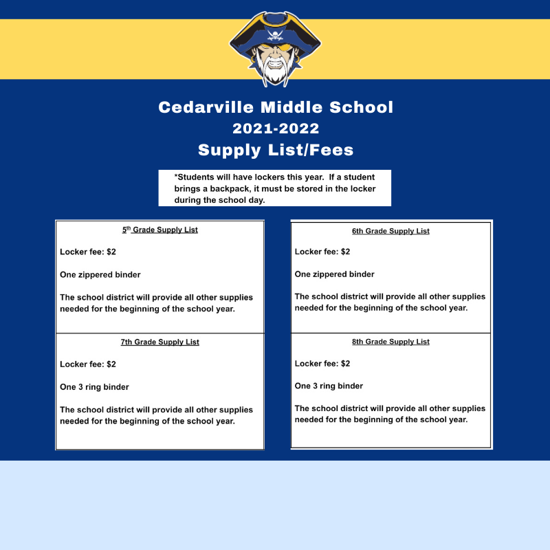 Cedarville Middle School 2021-2022 Supply List/Fees